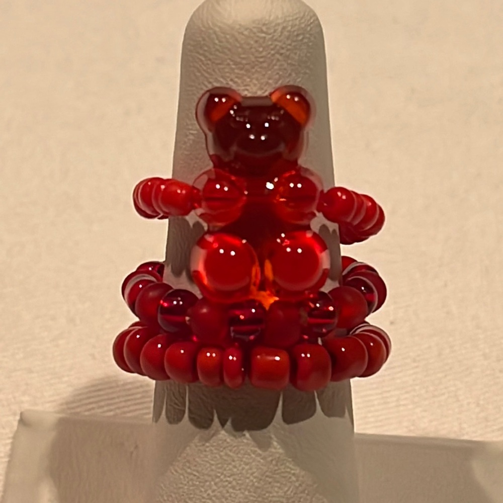 Handmade Red Beaded Gummy Bear Ring Set, Stretchy